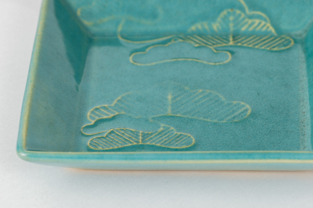 Square Plate (Pine Tree) - Green Glaze