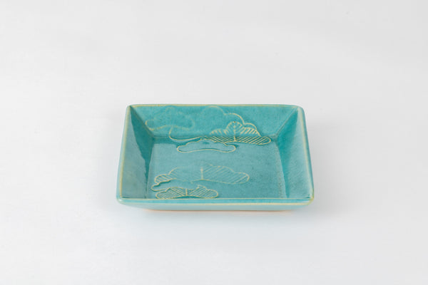 Square Plate (Pine Tree) - Green Glaze