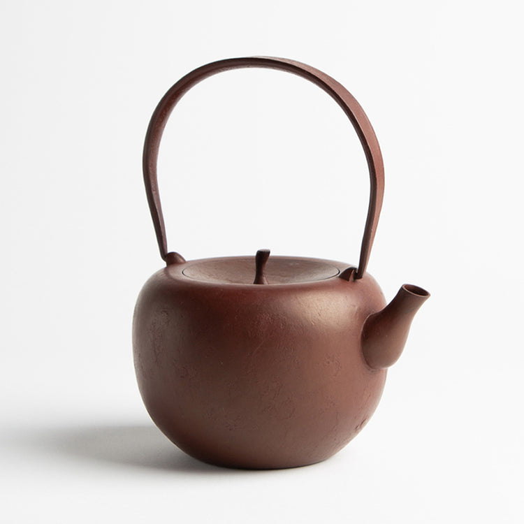 A reddish-brown cast iron kettle on a white backround. The kettle is round with a flattish top and a lid a bit like the top of an apple. The kettle has a long handle for holding on top.