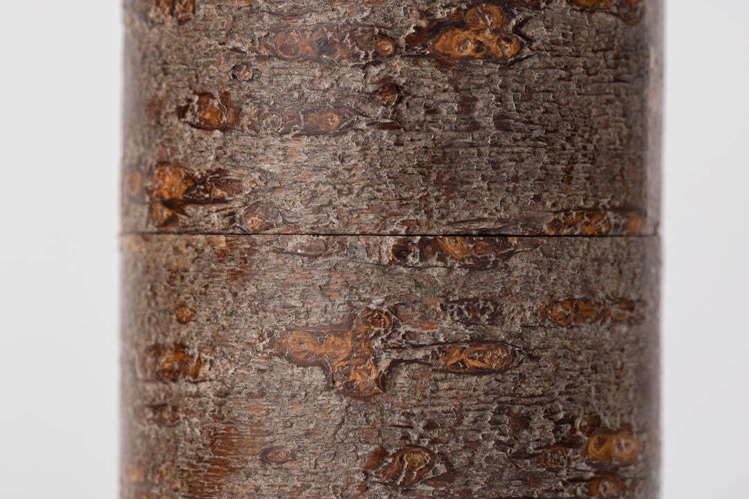 A close-up of a cylindrical tea caddy made of cherry bark sits on a white background. The cherry bark is visible up-close and is brown and rough like the bark of a cherry tree.